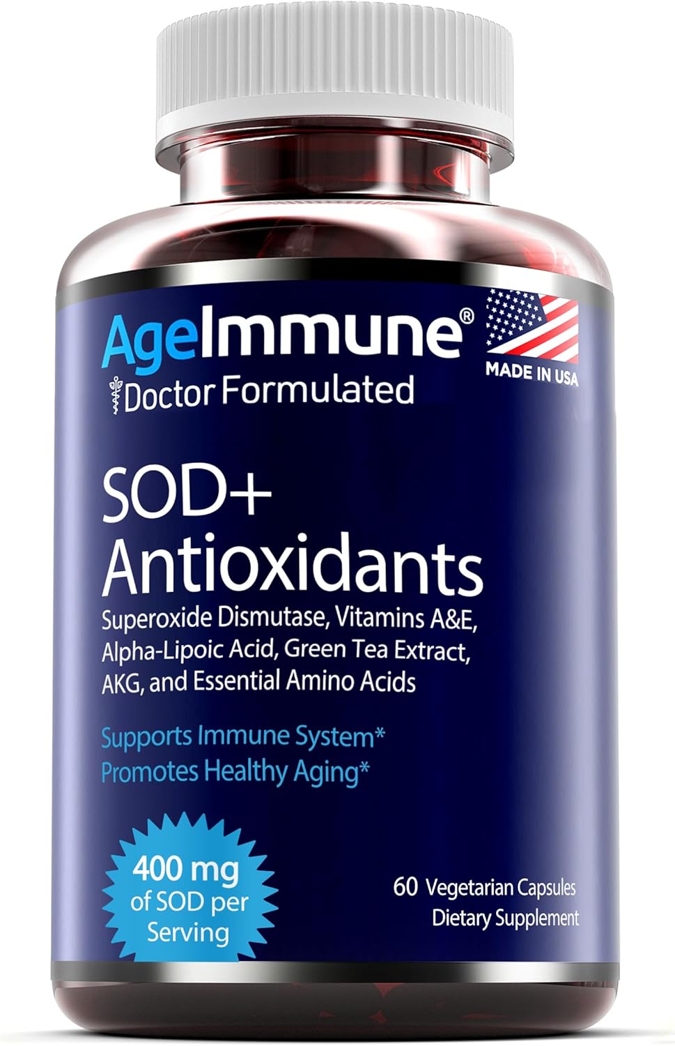 SOD Antioxidants Complex Healthy Aging Supplement - 400mg of Superoxide Dismutase - Alpha Lipoic Acid - L-Arginine -Lysine - AKG - Vitamin A - Vitamin E for Immune Support-60 Capsules