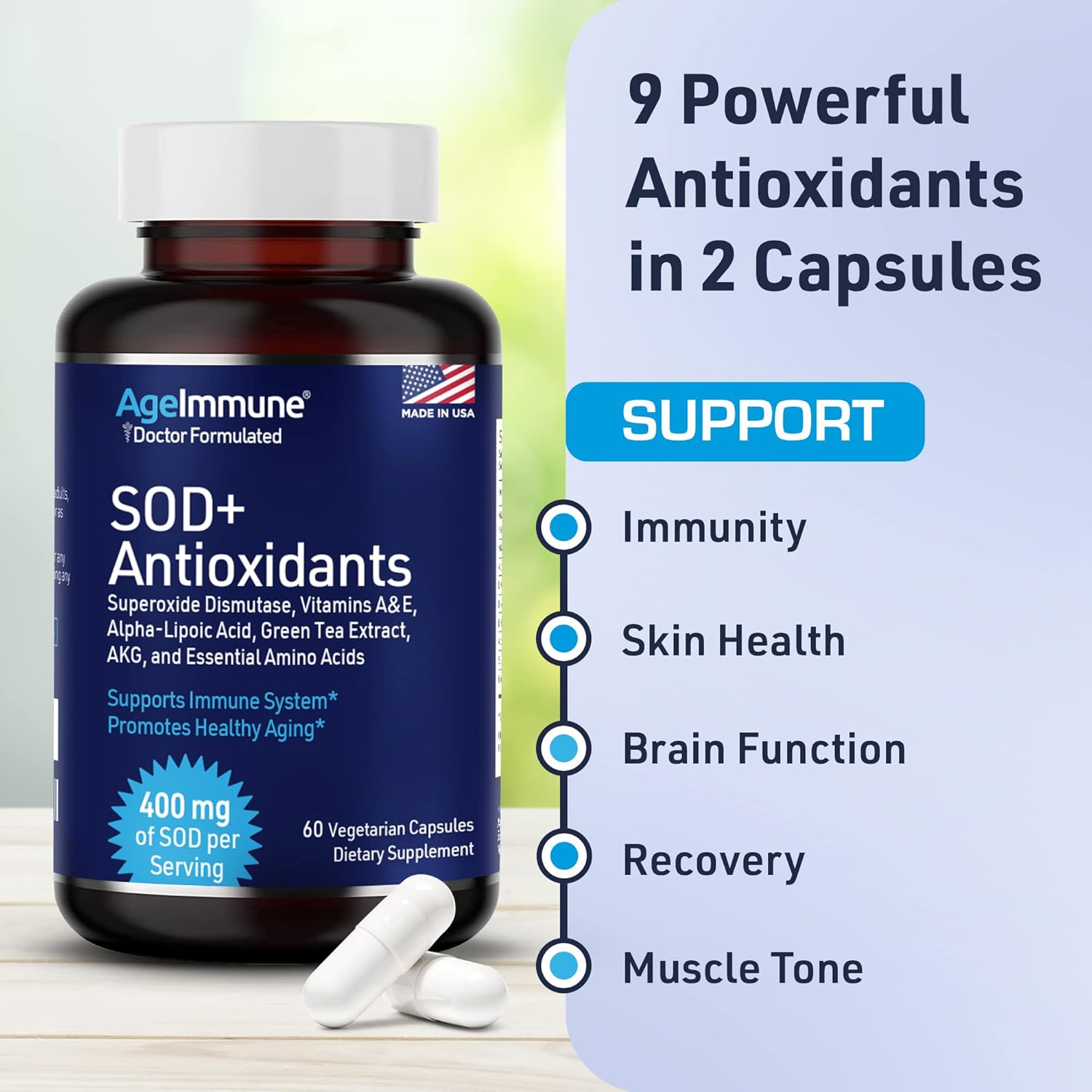 SOD Antioxidants Complex Healthy Aging Supplement - 400mg of Superoxide Dismutase - Alpha Lipoic Acid - L-Arginine -Lysine - AKG - Vitamin A - Vitamin E for Immune Support-60 Capsules - Image 4