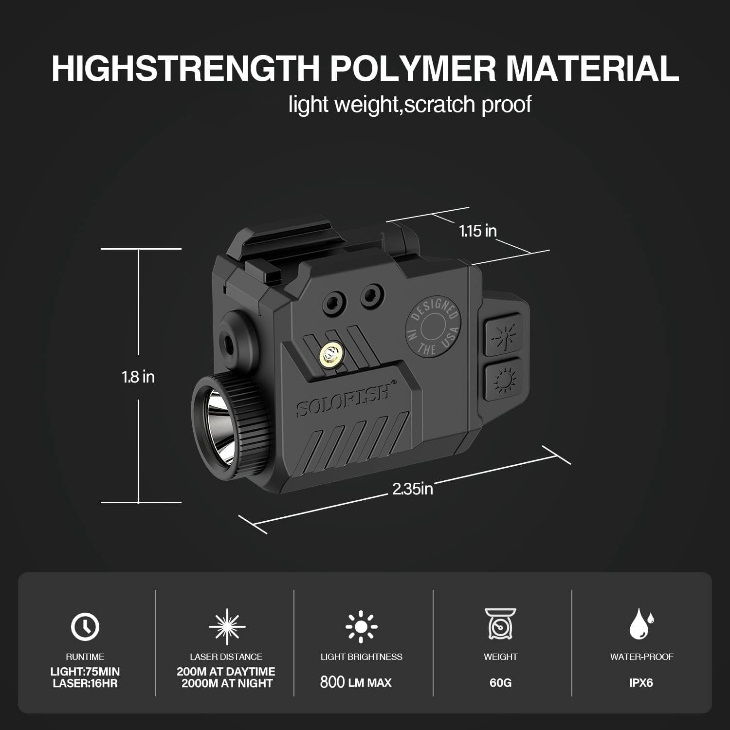 Solofish 800 Lumens Pistol Light Laser Combo, Strobe Function for Green/Red/Blue Laser and Tactical Light with Slidable Rail Fits Full Size Guns w/Rail - Image 3