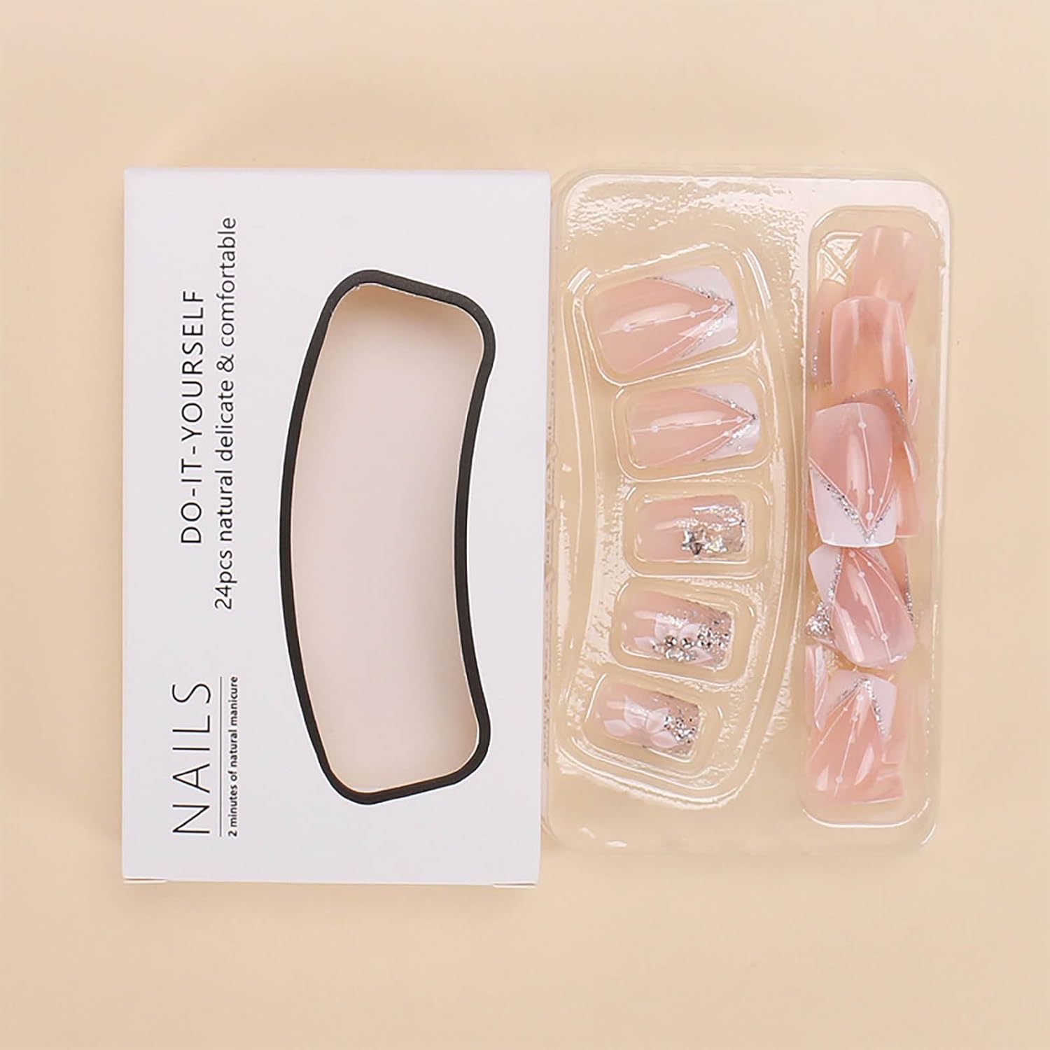 Square Press-on Nails - White French Tip Fake Nails with Glitter Designs, Medium Length, 24pcs - Image 3