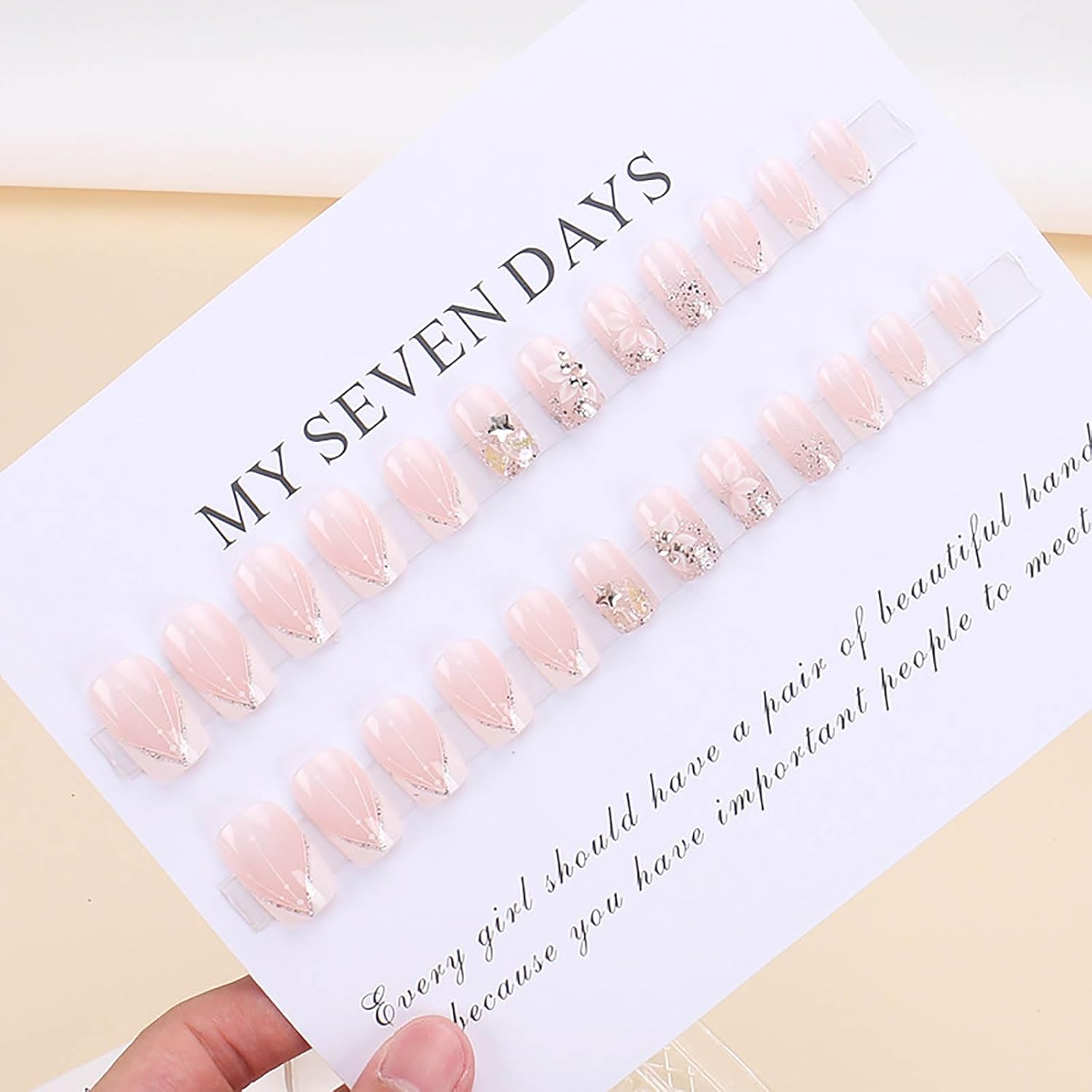 Square Press-on Nails - White French Tip Fake Nails with Glitter Designs, Medium Length, 24pcs - Image 4