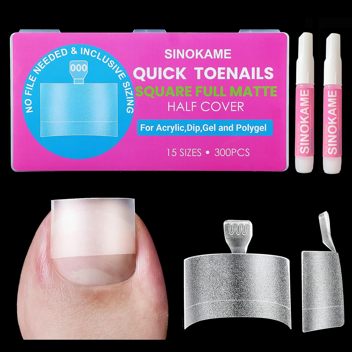Square Soft Gel Toe Nail Tips Half Cover,SINOKAME Extra Wide Big Toe Tips for Acrylic Toenails Clear Full Matte No-file Needed,Fake Nail Tips for Toes Nails Extension,15 Sizes(000-12) 300Pcs