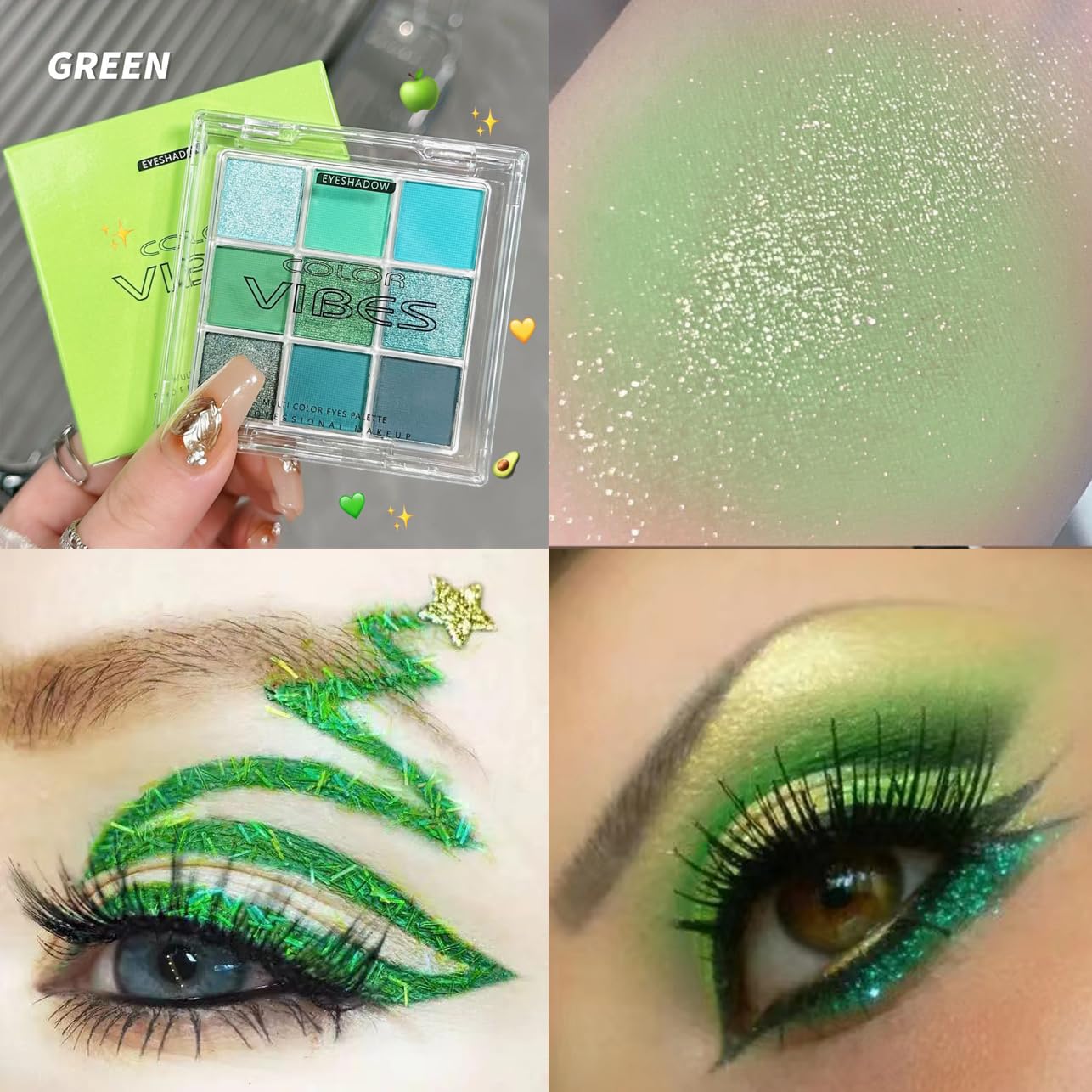St Patricks Day Green Eyeshadow Palette, 9 Colors Green Glitter Matte Eyeshadow Makeup Palette, Bright Neon Green Eye Shadow, Highly Pigmented Waterproof Dark Green Eyeshadow Pallete - Image 4