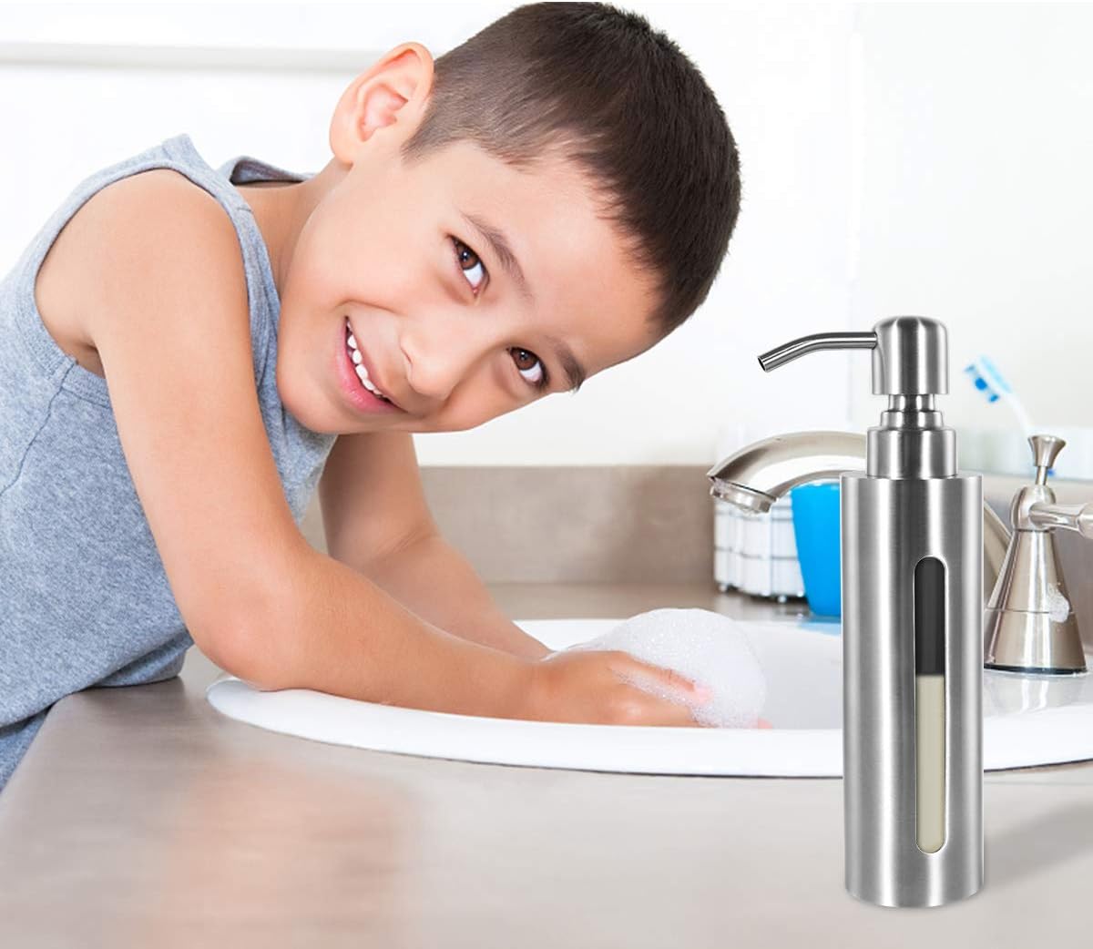 Stainless Steel Soap Dispenser, 7Oz Slim Rust Proof Liquid Soap Dispenser for Kitchen & Bathroom - Refillable Brushed Nickel Dispenser for Essential Oils and Shampoo - Image 9