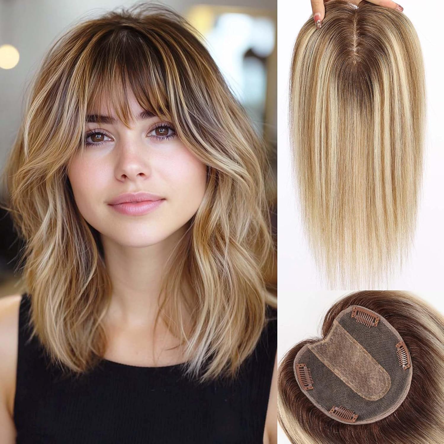starluck 5x5 inch Lage Silk Base 14 Inch Real Human Hair Toppers,60 Gram, 100% Real Human Hair Toppers for Women with thinning hair hair loss（Blonde Mixed Brown with Dark Brown Roots, With Bangs