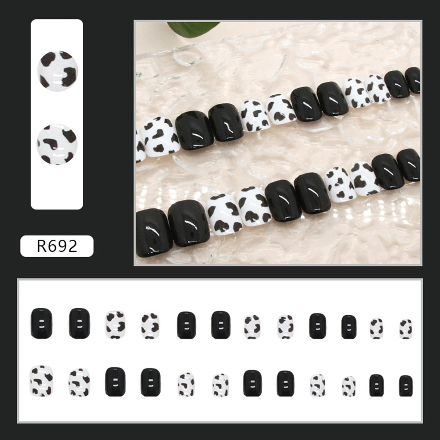 Stick on Nails Square Short Length, 24Pcs Full Cover Reusable False Nails Kits, Artificial Fingernails Acrylic Fake Nails for Women, Press on Nails With Charms, Glue on Nails Coffin Shape(R692) - Image 2
