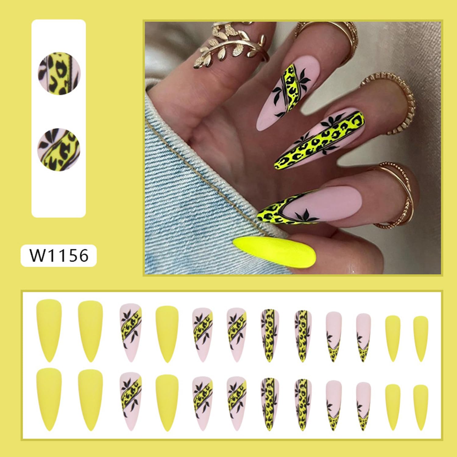Stiletto Press on Nails Extra Long Fake Nails Yellow Black Leopard Print French Tip False Nails Matte Solid Color Acrylic Nails with Glue on Nails Reusable Stick on Nails for Women DIY Charm Manicure - Image 2