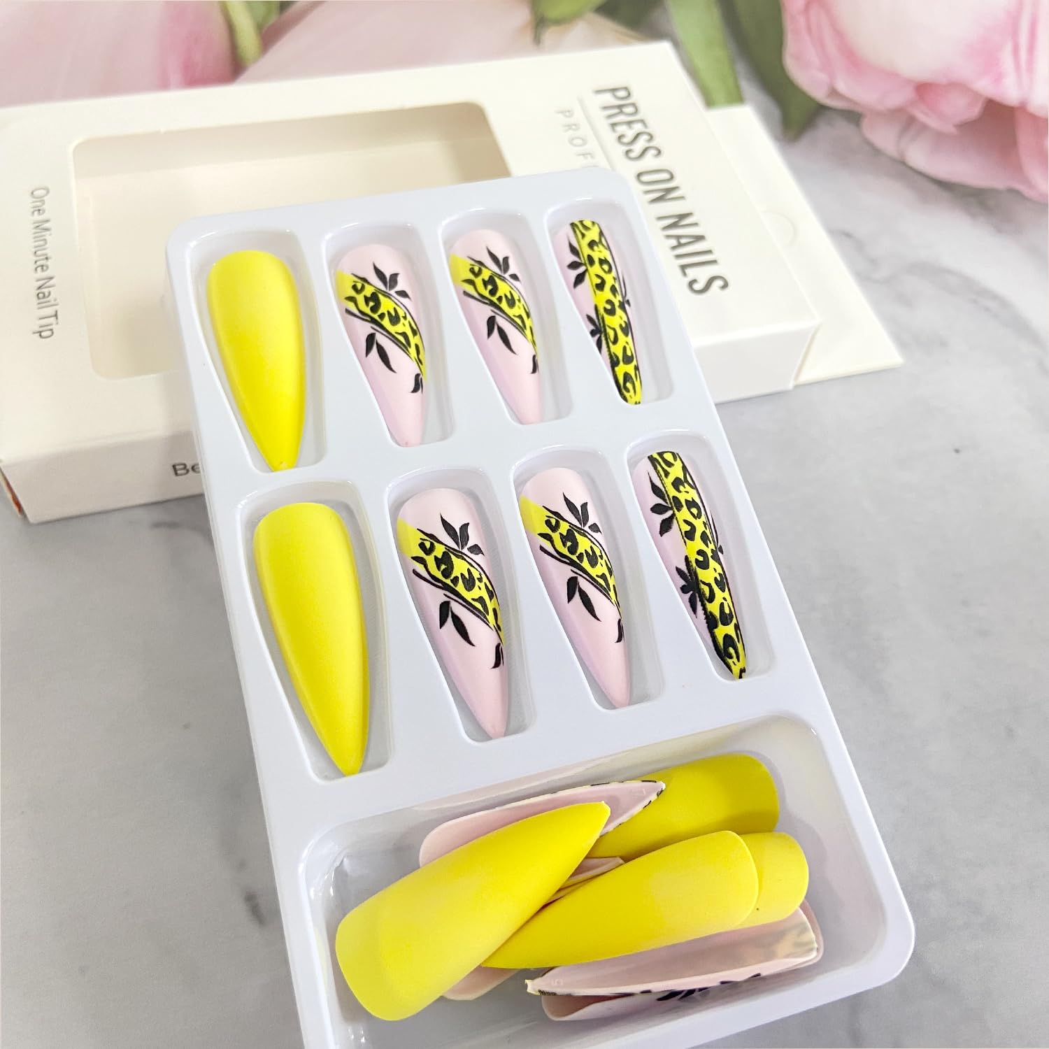 Stiletto Press on Nails Extra Long Fake Nails Yellow Black Leopard Print French Tip False Nails Matte Solid Color Acrylic Nails with Glue on Nails Reusable Stick on Nails for Women DIY Charm Manicure - Image 4