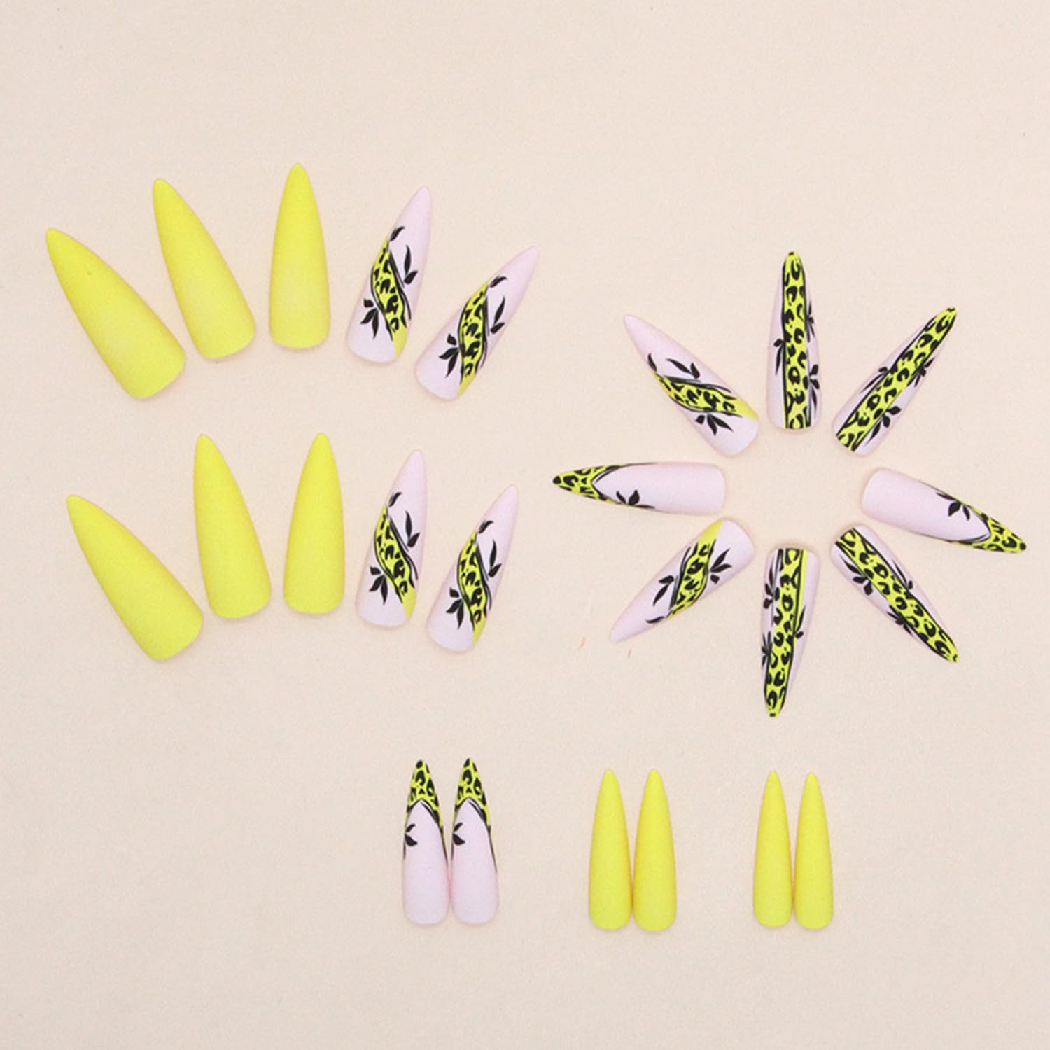 Stiletto Press on Nails Extra Long Fake Nails Yellow Black Leopard Print French Tip False Nails Matte Solid Color Acrylic Nails with Glue on Nails Reusable Stick on Nails for Women DIY Charm Manicure - Image 3