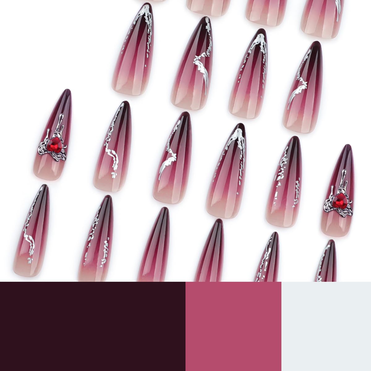 Stiletto Press on Nails Red Fake Nails Press ons with Heart Nail Charms Designs Long Ombre False Nails Acrylic Nails Full Cover Glue on Nails Artificial Stick on Nails for Women Manicure 24 Pcs - Image 2
