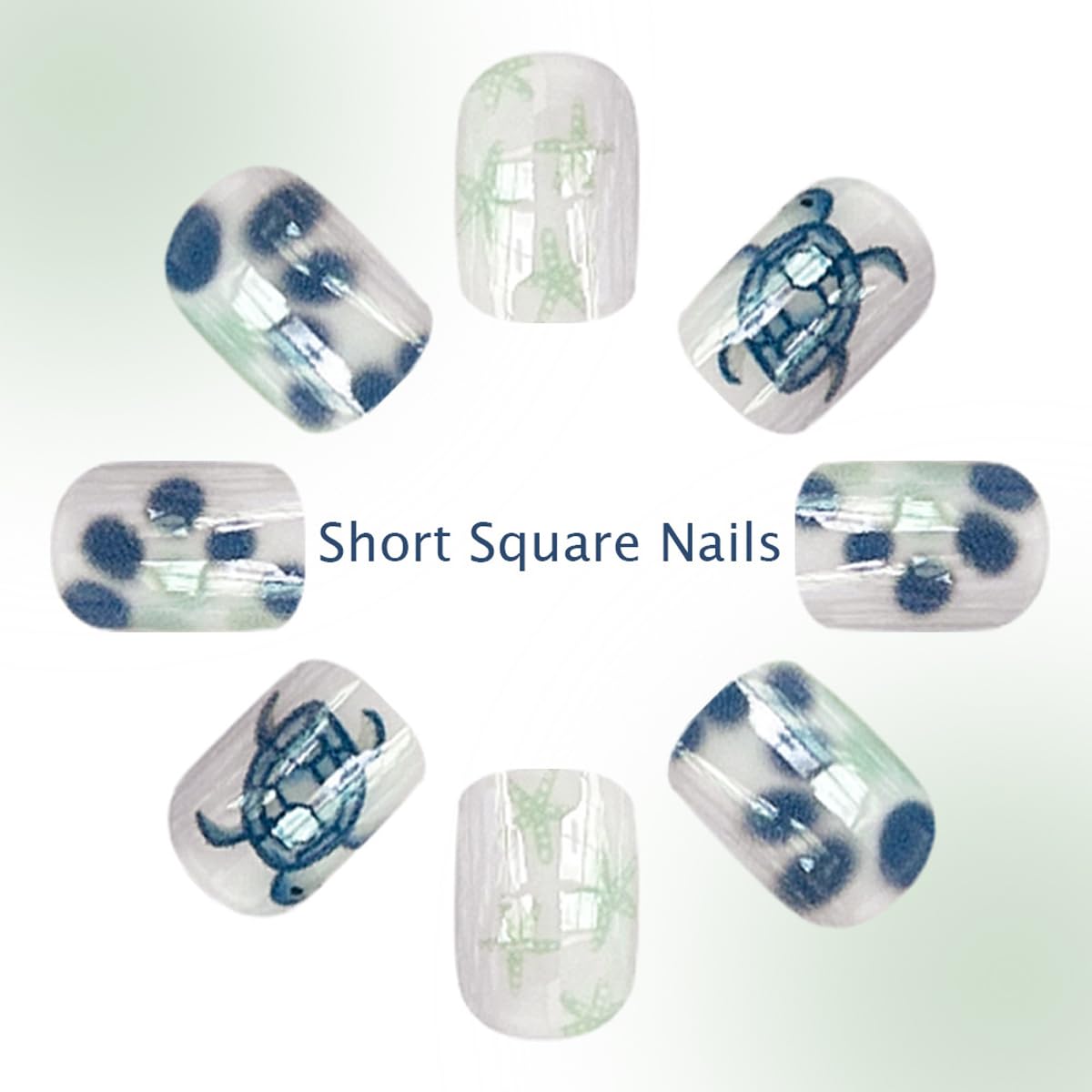 Summer Beach Press on Nails Short Square Fake Nails White False Nails Press ons with Starfish Turtle Design Reusable Artificial Nails Full Cover Glue on Nails Stick on Nails for Women Manicure 24 Pcs - Image 3