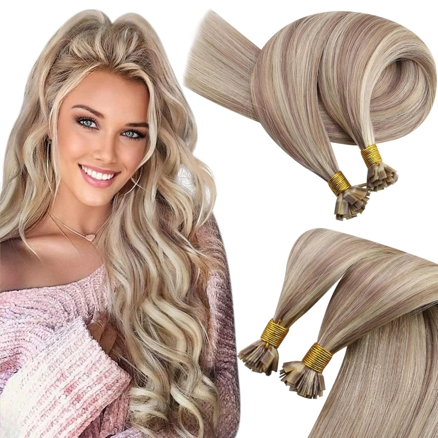 Sunny Hair Flat Tip Hair Extensions Human Hair Keratin Flat Tip Hair Extensions Real Human Hair Hot Fusions Highlight Ash Blonde and Bleach Blonde K Tip Hair Extensions Real Human Hair 50g 16inch