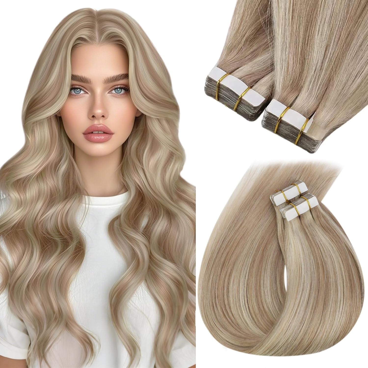 Sunny Hair Tape in Hair Extensions Real Human Hair Invisible Remy Hair Extensions Tape ins for Women Ash Blonde Highlight Bleach Blonde with Pink Hue 20 inch 20Pcs 50G