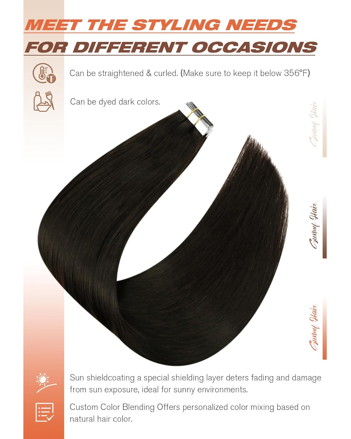 Sunny Hair Tape in Hair Extensions Real Human Hair Invisible Remy Hair Extensions Tape ins for Women Darkest Brown 20 inch 20Pcs 50G - Image 4
