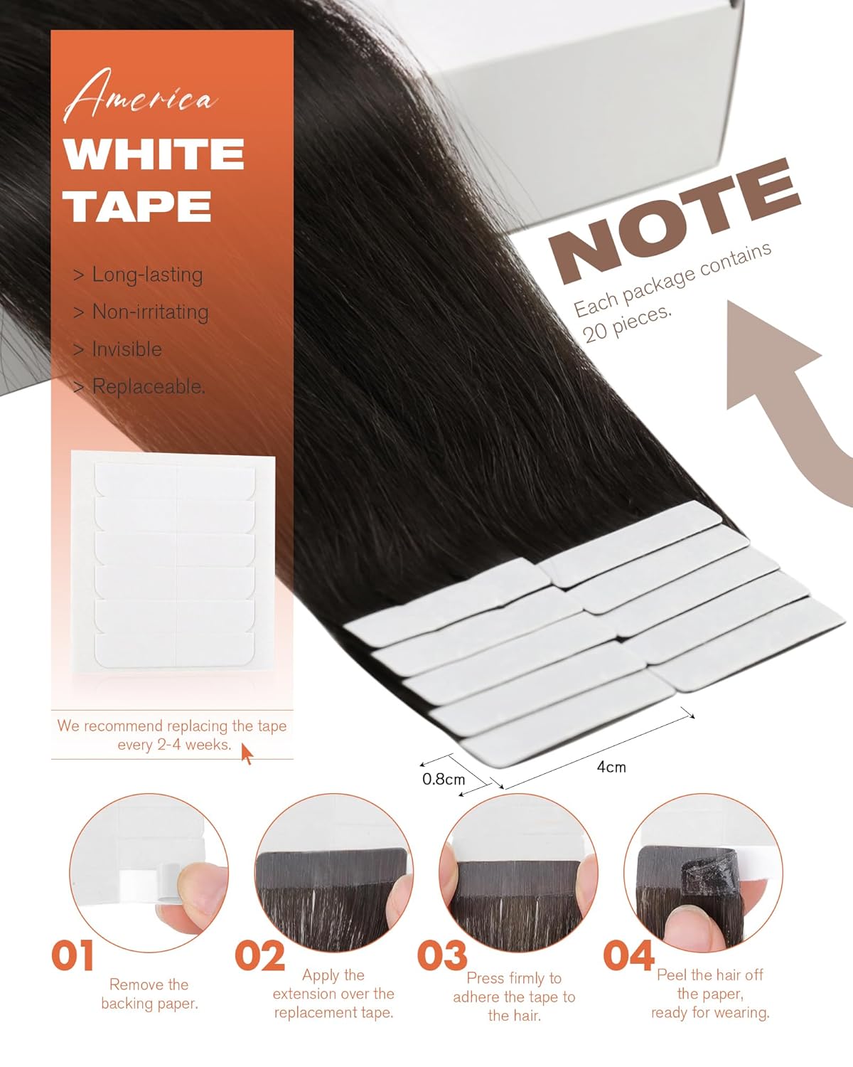 Sunny Hair Tape in Hair Extensions Real Human Hair Invisible Remy Hair Extensions Tape ins for Women Darkest Brown 20 inch 20Pcs 50G - Image 3
