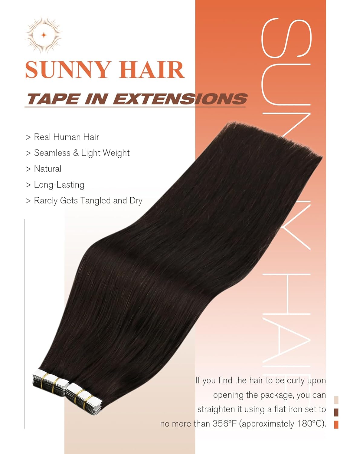 Sunny Hair Tape in Hair Extensions Real Human Hair Invisible Remy Hair Extensions Tape ins for Women Darkest Brown 20 inch 20Pcs 50G - Image 2