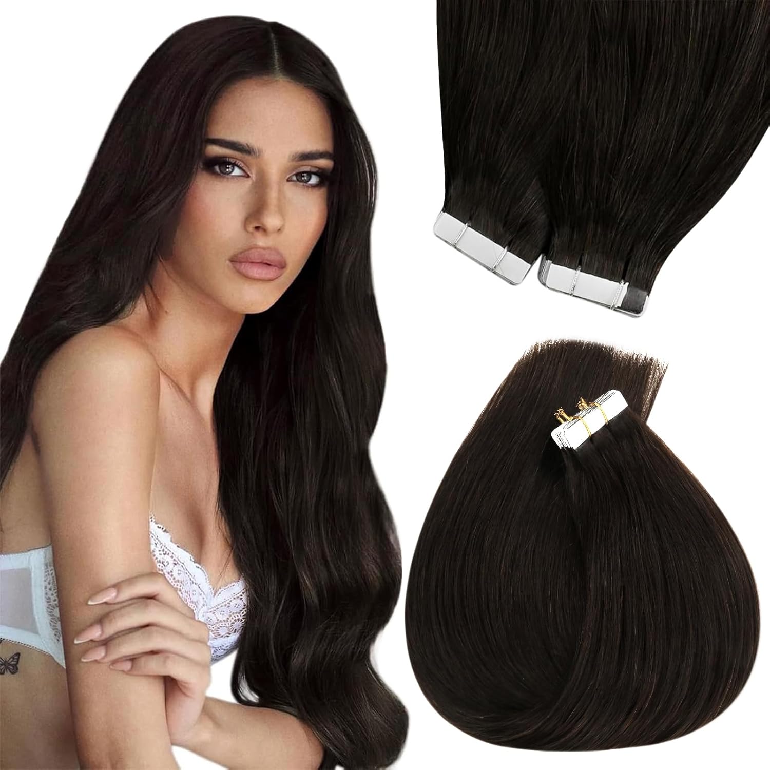 Sunny Hair Tape in Hair Extensions Real Human Hair Invisible Remy Hair Extensions Tape ins for Women Darkest Brown 20 inch 20Pcs 50G