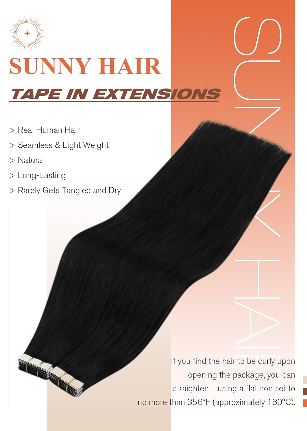 Sunny Hair Tape in Hair Extensions Real Human Hair Invisible Remy Hair Extensions Tape ins for Women Jet Black 24 inch 20Pcs 50G - Image 2