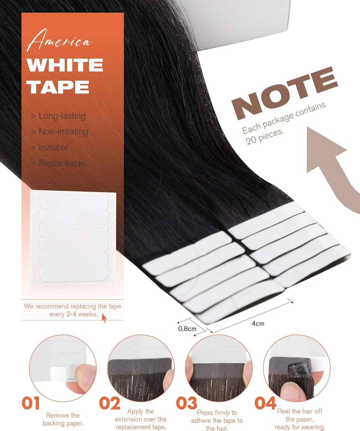 Sunny Hair Tape in Hair Extensions Real Human Hair Invisible Remy Hair Extensions Tape ins for Women Jet Black 24 inch 20Pcs 50G - Image 3