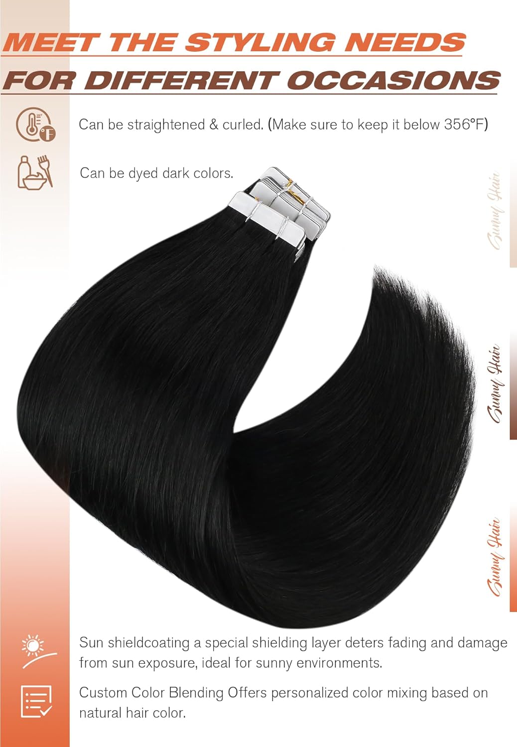 Sunny Hair Tape in Hair Extensions Real Human Hair Invisible Remy Hair Extensions Tape ins for Women Jet Black 24 inch 20Pcs 50G - Image 4