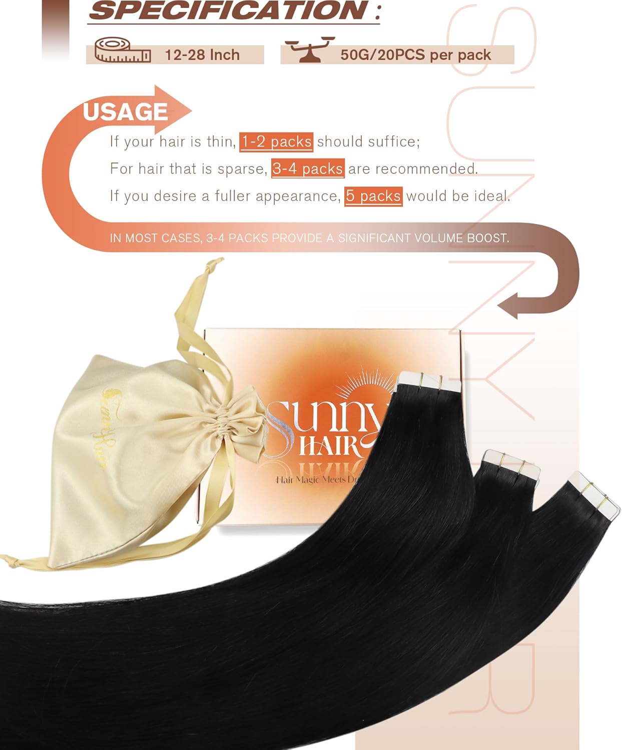 Sunny Hair Tape in Hair Extensions Real Human Hair Invisible Remy Hair Extensions Tape ins for Women Jet Black 24 inch 20Pcs 50G - Image 5
