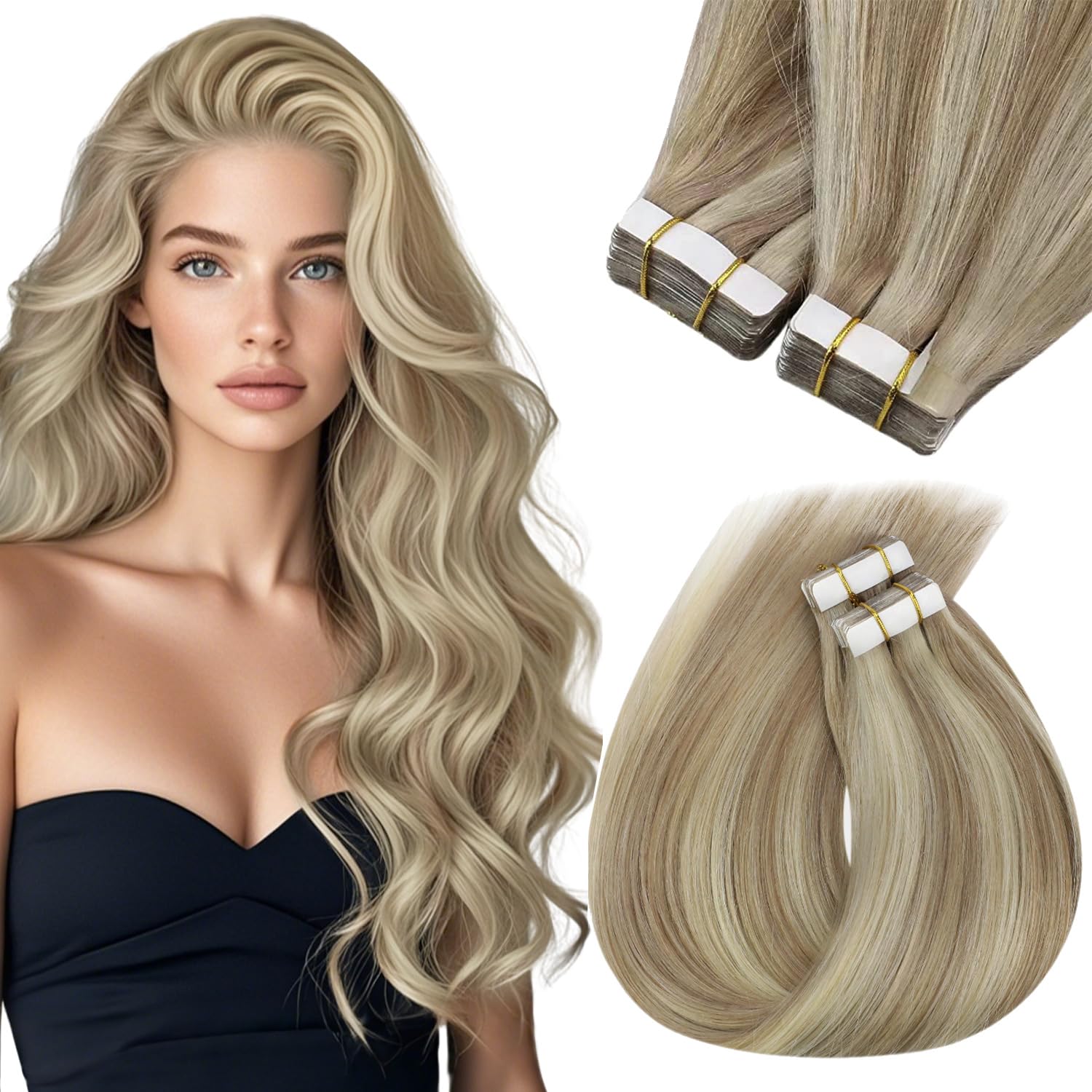 Sunny Hair Tape in Hair Extensions Real Human Hair Invisible Remy Hair Extensions Tape ins for Women Lightest Brown Highlight Platinum Blonde 16 inch 20Pcs 50G