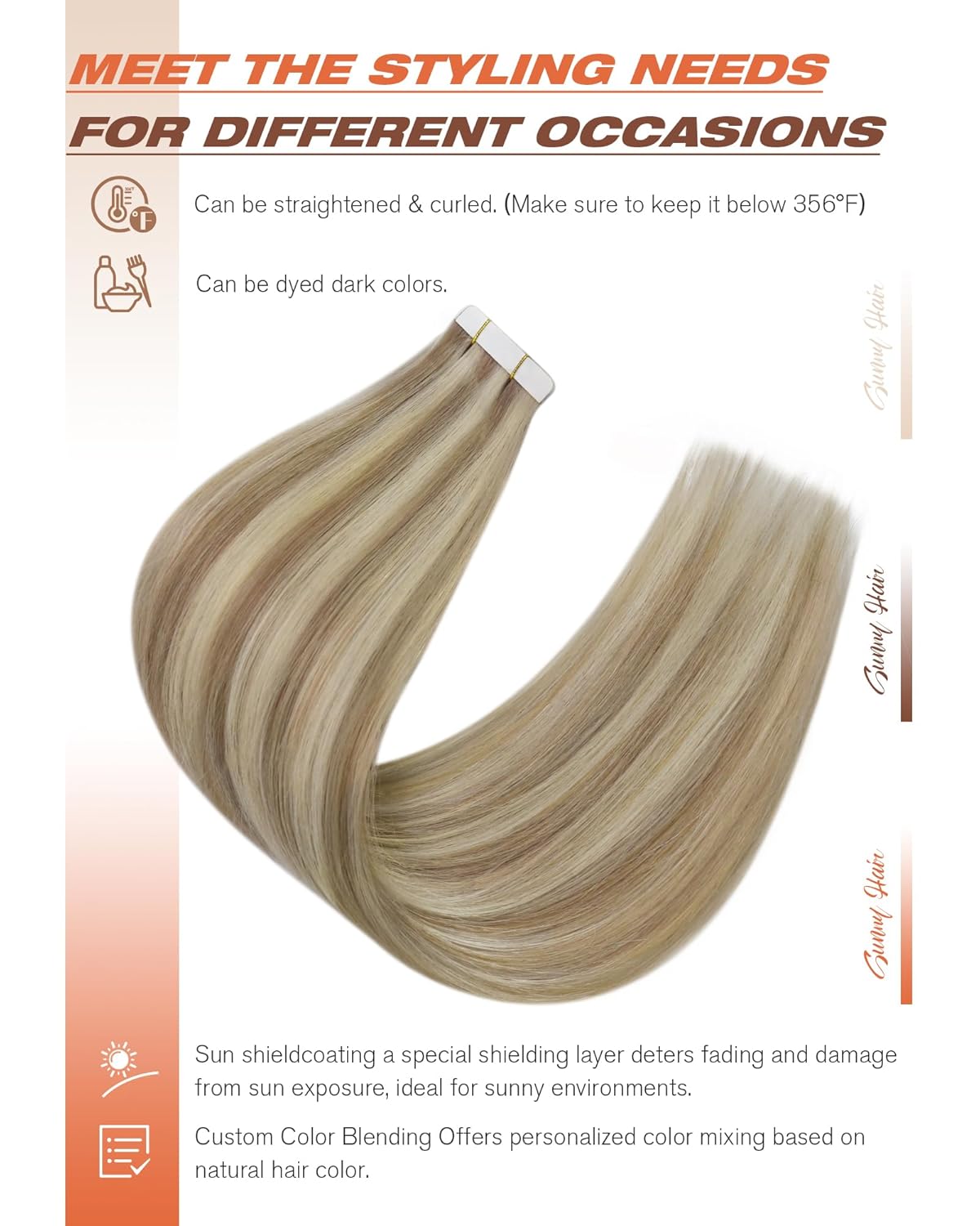 Sunny Hair Tape in Hair Extensions Real Human Hair Invisible Remy Hair Extensions Tape ins for Women Lightest Brown Highlight Platinum Blonde 16 inch 20Pcs 50G - Image 4