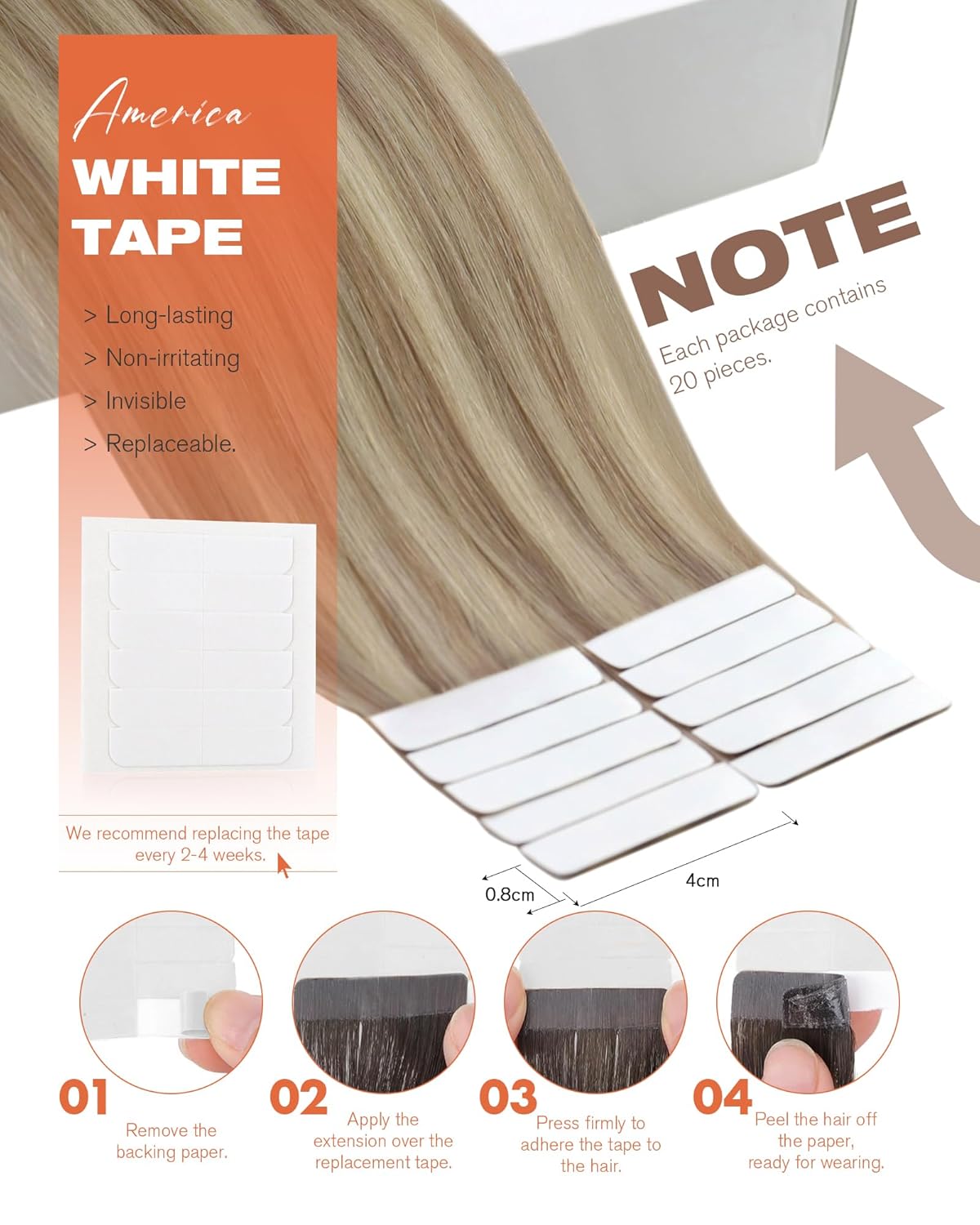 Sunny Hair Tape in Hair Extensions Real Human Hair Invisible Remy Hair Extensions Tape ins for Women Lightest Brown Highlight Platinum Blonde 16 inch 20Pcs 50G - Image 3