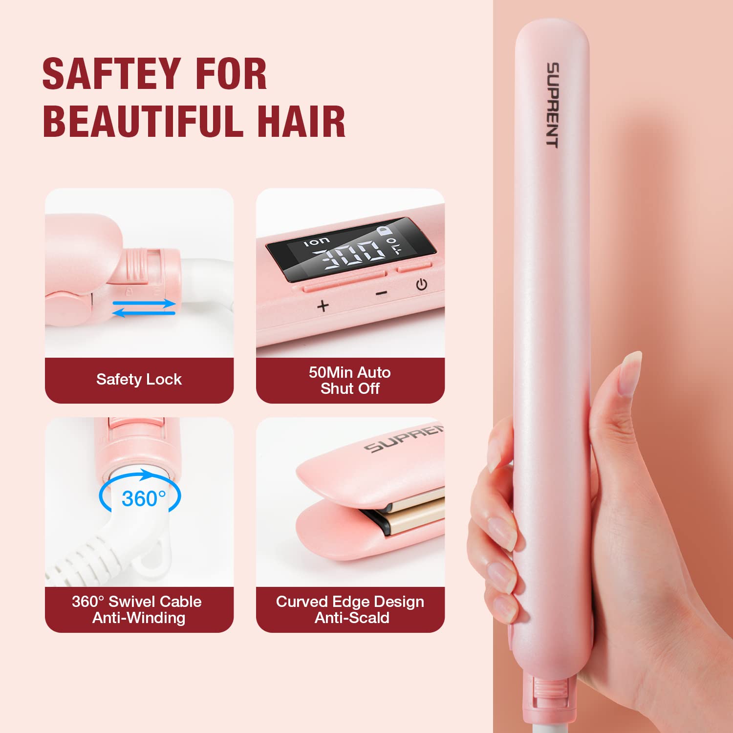 SUPRENT Hair Straightener 1 Inch Flat Iron- 2-in-1 Ceramic Straightens & Curls for Travel- Heats Up Fast- Hair Straightening Iron with 110-240V Dual Voltage and LCD Display- Pink - Image 5