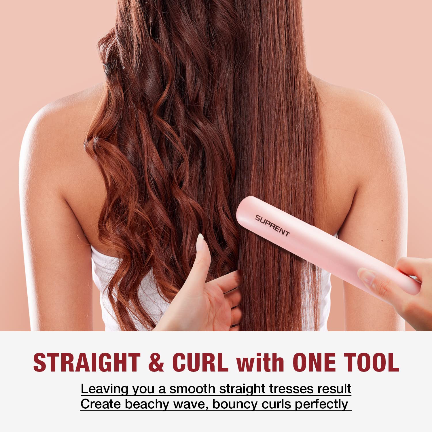 SUPRENT Hair Straightener 1 Inch Flat Iron- 2-in-1 Ceramic Straightens & Curls for Travel- Heats Up Fast- Hair Straightening Iron with 110-240V Dual Voltage and LCD Display- Pink - Image 4