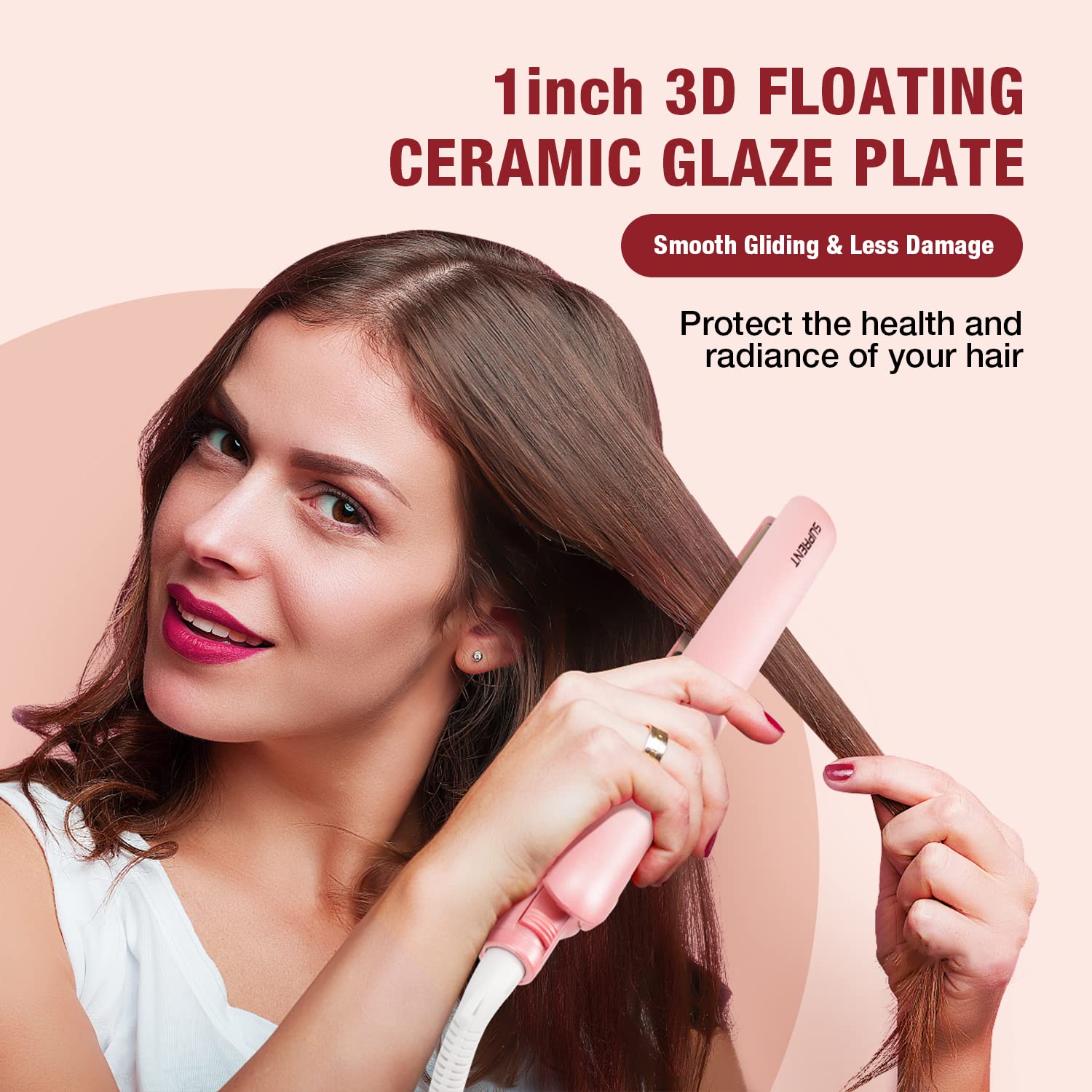 SUPRENT Hair Straightener 1 Inch Flat Iron- 2-in-1 Ceramic Straightens & Curls for Travel- Heats Up Fast- Hair Straightening Iron with 110-240V Dual Voltage and LCD Display- Pink - Image 2