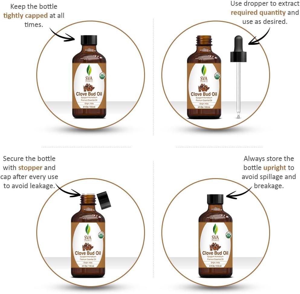 SVA Clove Essential Oil Organic – 4 Fl Oz – 100% Natural Organic Clove Oil - for Diffuser, Hair Care, Face, Skin Care, Aromatherapy, Scalp and Body Massage, Soap and Candle Making - with Dropper - Image 2