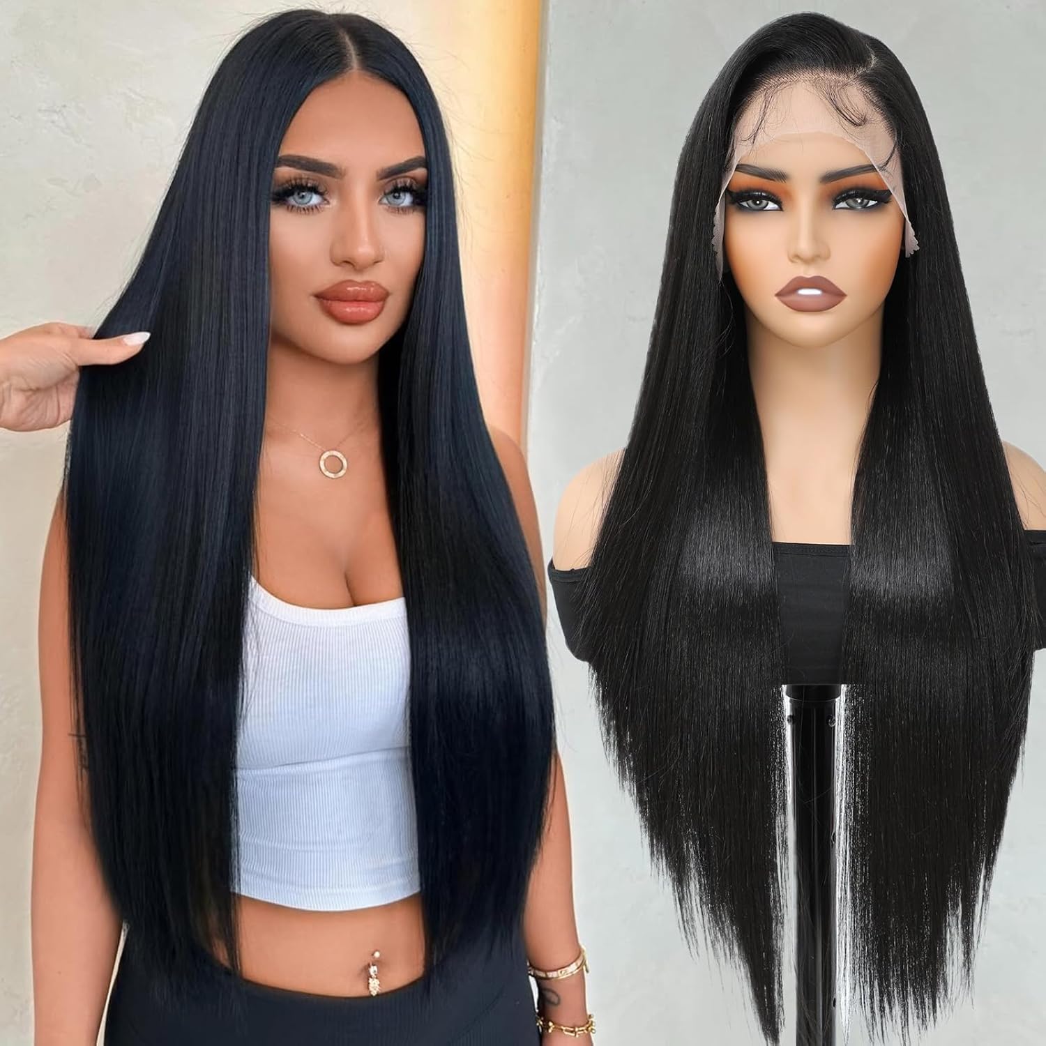 Synthetic Lace Front Wig 30inch Straight Synthetic Wig 13x4 HD Lace Long Straight Lace Front Wig Glueless for Women Pre Plucked with Baby Hair Heat Resistant Glueless Black Wig for Daily Use(2#)