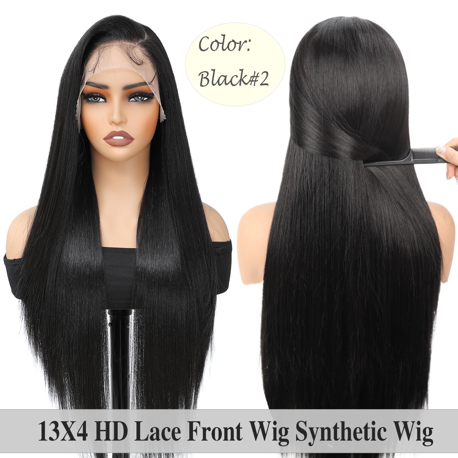 Synthetic Lace Front Wig 30inch Straight Synthetic Wig 13x4 HD Lace Long Straight Lace Front Wig Glueless for Women Pre Plucked with Baby Hair Heat Resistant Glueless Black Wig for Daily Use(2#) - Image 9