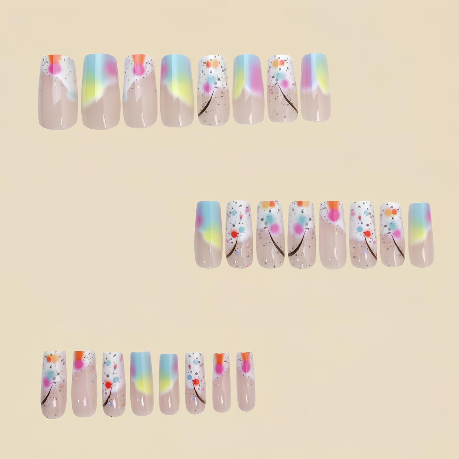 TBRZTR Press on Nails Medium Length Square False Nails Colorful Gradient Acrylic Nails Full Cover Artificial Coffin Nails Press Nails with Design Acrylic Smudge Nails 24Pcs Glue on Nails for Women - Image 2