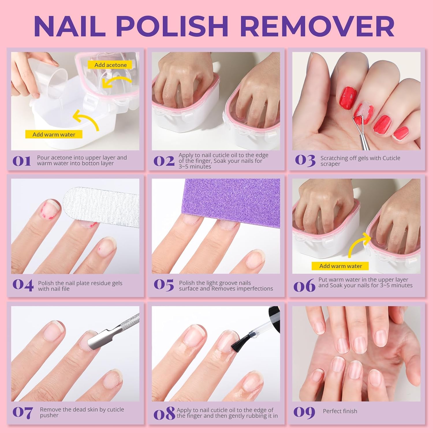 Teenitor 10Pcs Nail Soaking Bowl Kit 2 Soak Off Bowl Nail Soaking Bowl Acetone Proof Soak Off Gel Polish Remover Bowl, Manicure Bowl Cuticle Peeler Scraper Cuticle Oil Nail File and Buffer Nail Brush - Image 7