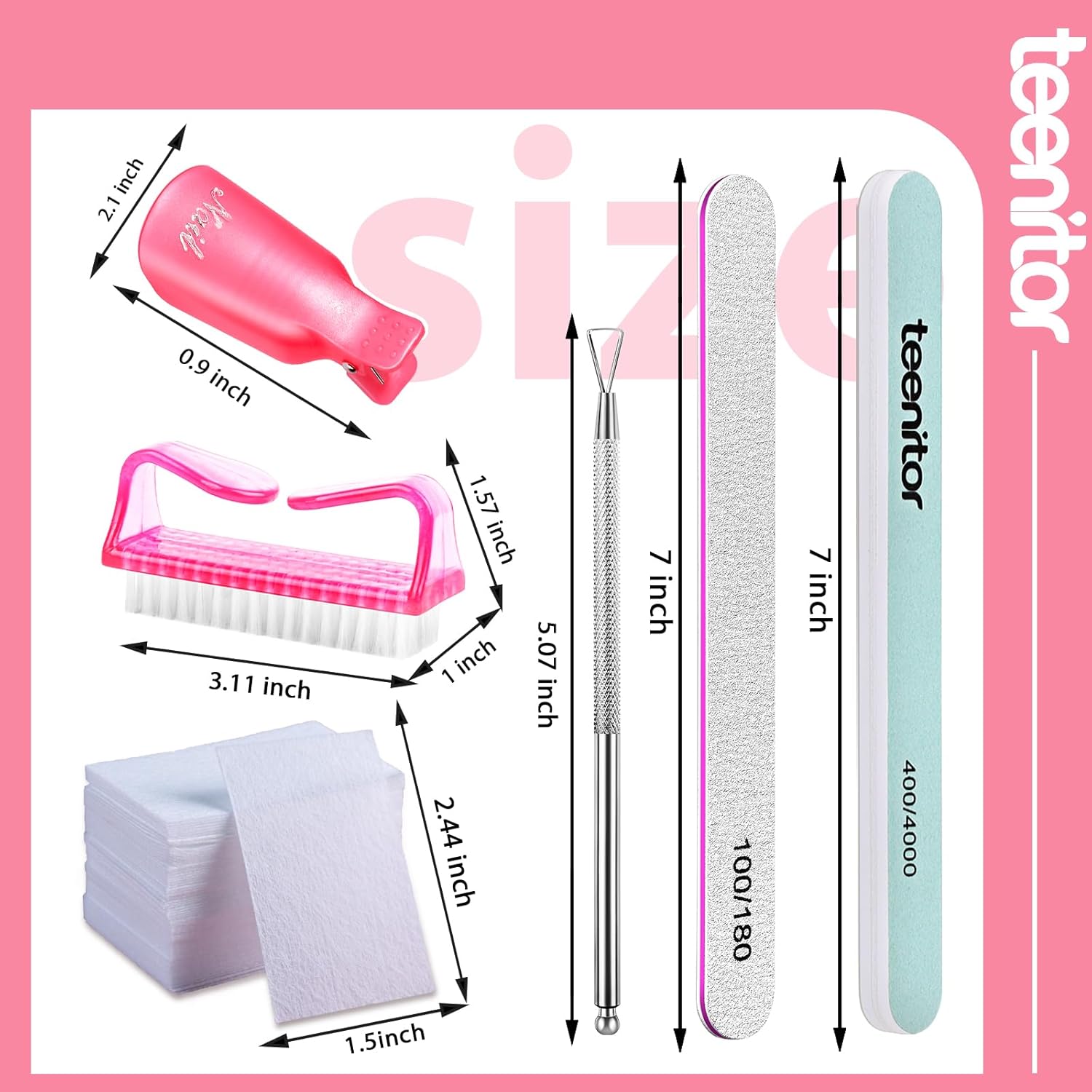 Teenitor Nail Gel Remover Tools Kit with Pink Polish Remover Clips, Cuticle Peeler Scraper, Gel Nail Brush, 115 Pack Nail Wipe Cotton Pads, Nail File Grits 120/180 Buffer Block Grits 400/4000 Rose - Image 2