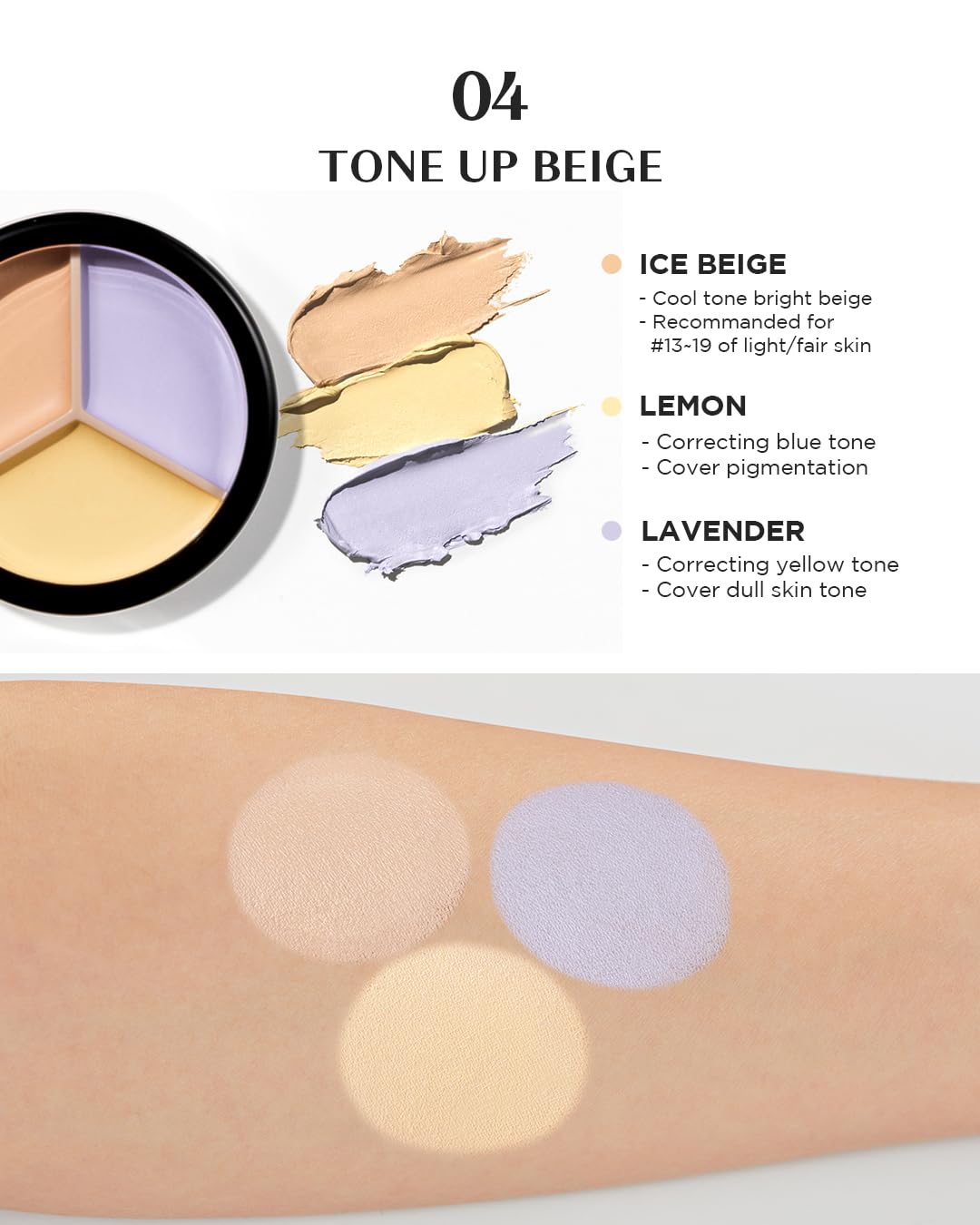 THESAEM Cover Perfection Triple Pot Concealer 03 Correct Up Beige + 04 Tone Up Beige - for Fair to Light Skin Tone - 3 Color Full Coverage - Covers Pigmentation and Blemish Spots, Corrects Skin Tone - Image 4