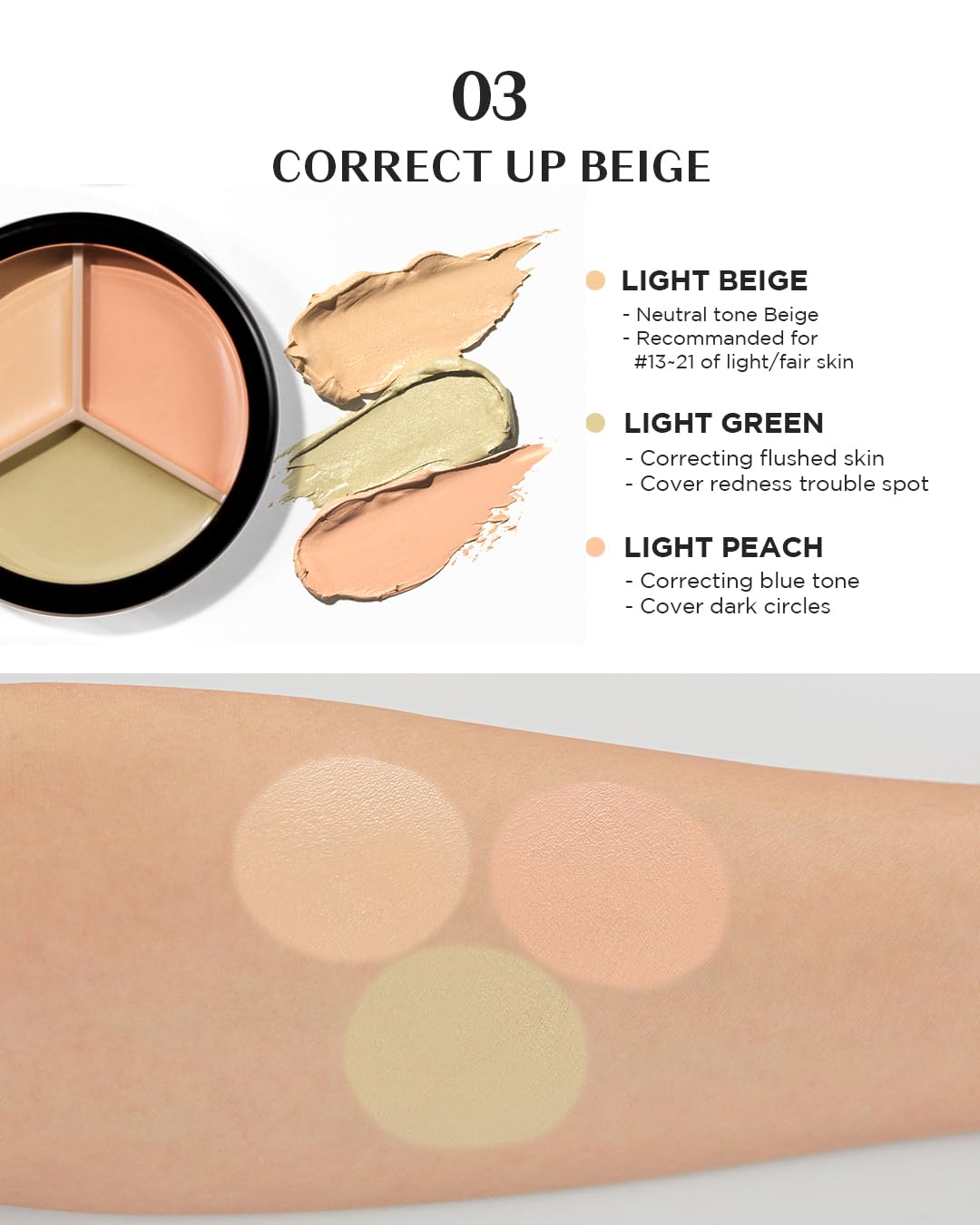 THESAEM Cover Perfection Triple Pot Concealer 03 Correct Up Beige + 04 Tone Up Beige - for Fair to Light Skin Tone - 3 Color Full Coverage - Covers Pigmentation and Blemish Spots, Corrects Skin Tone - Image 2