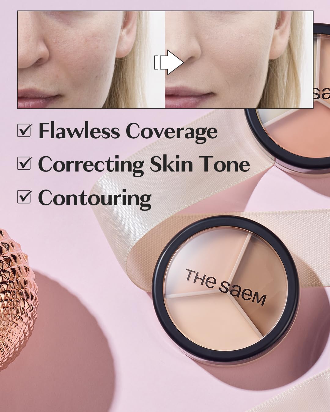 THESAEM Cover Perfection Triple Pot Concealer – 3 Color Concealer with Full Coverage Natural Beige Shade Covers Blemishes Spots, Highlighter & Contouring, 02 Contour Beige - Image 2