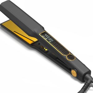 Thirtek Professional Hair Straightener,1.5 inch Ceramic & Titanium Flat Iron,15 Adjustable Temperature Levels,LCD Display, 25s Quick Heat Up,Styling Tools for Thick Hair,Dual Voltage,Black&Gold