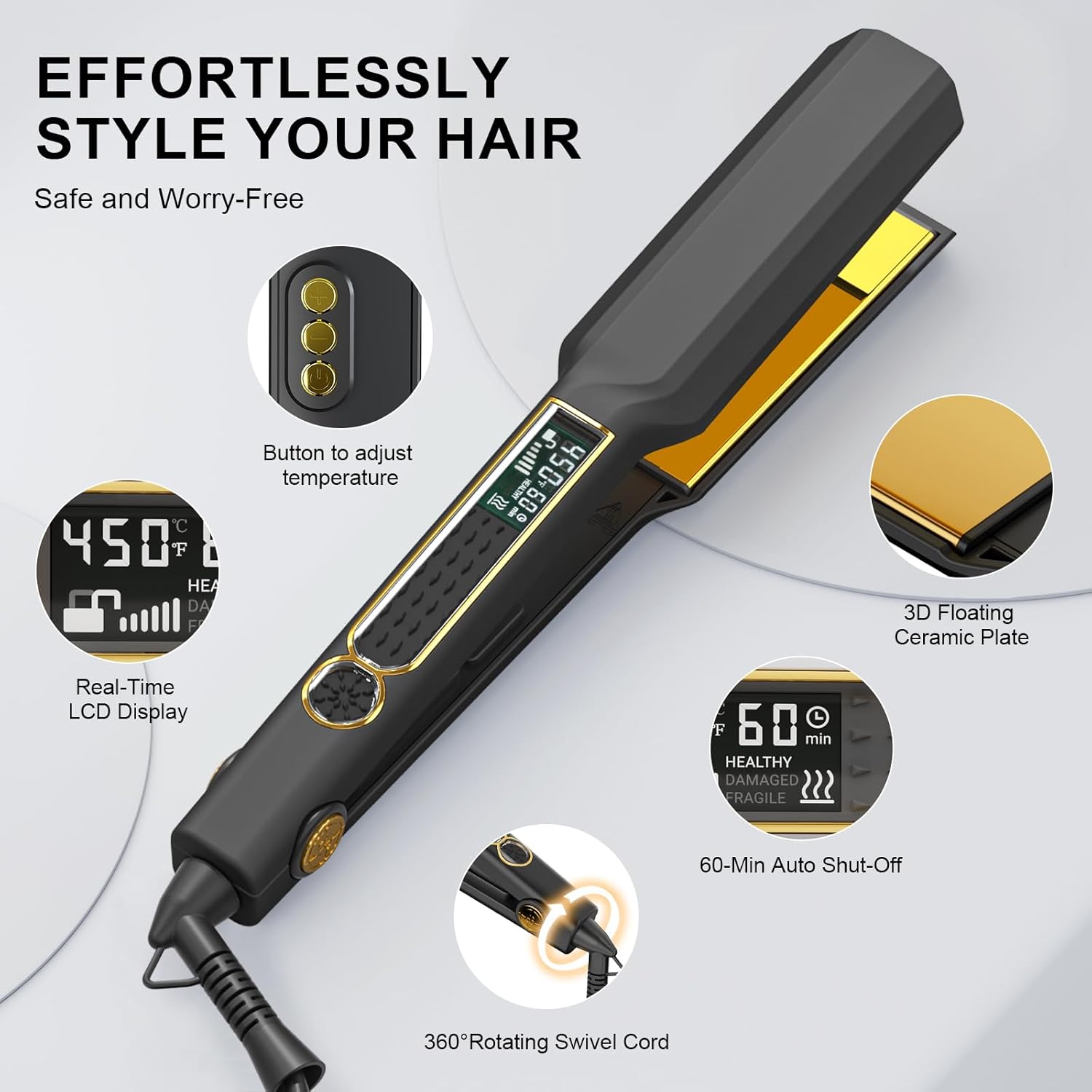 Thirtek Professional Hair Straightener,1.5 inch Ceramic & Titanium Flat Iron,15 Adjustable Temperature Levels,LCD Display, 25s Quick Heat Up,Styling Tools for Thick Hair,Dual Voltage,Black&Gold - Image 6