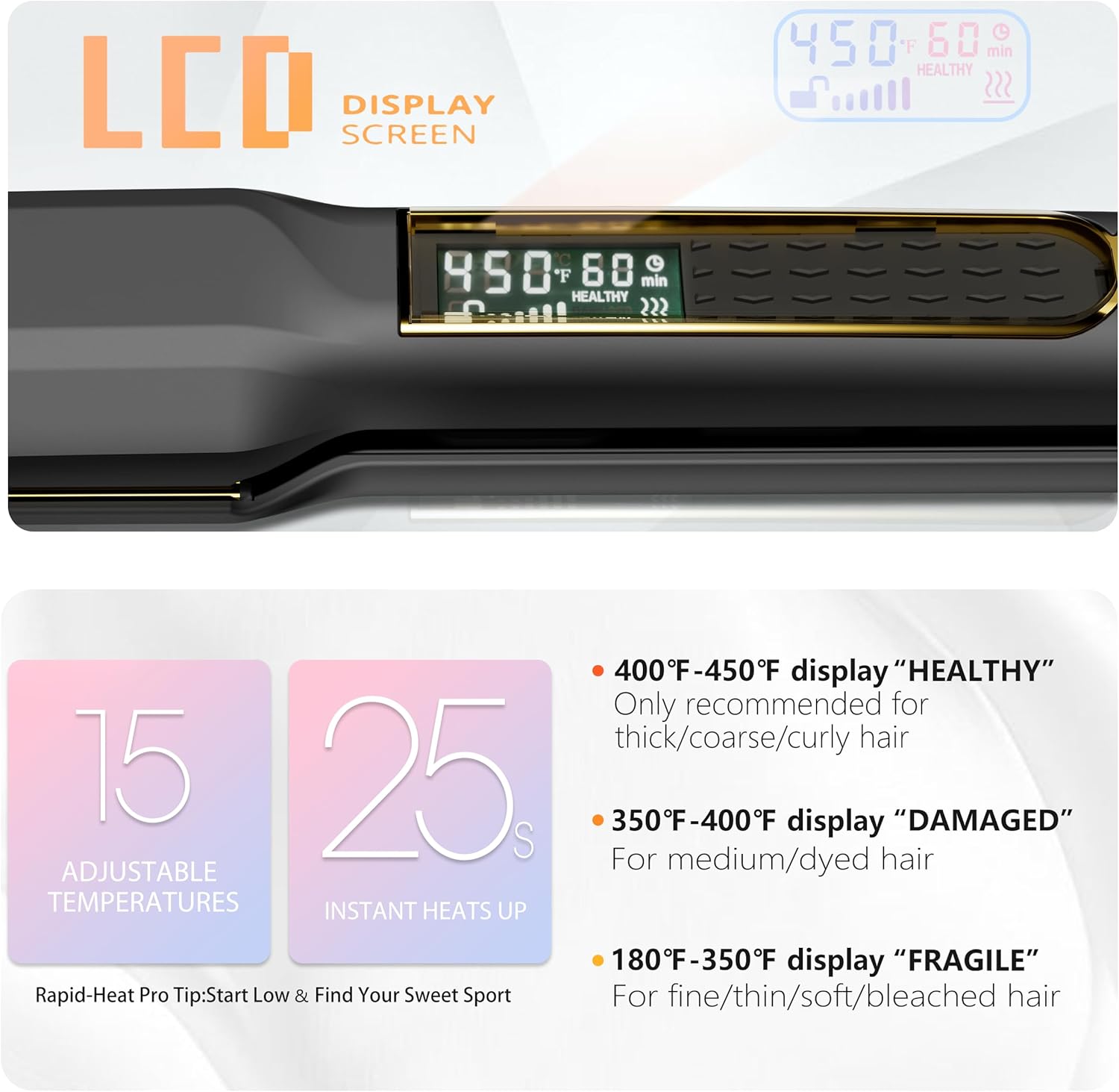 Thirtek Professional Hair Straightener,1.5 inch Ceramic & Titanium Flat Iron,15 Adjustable Temperature Levels,LCD Display, 25s Quick Heat Up,Styling Tools for Thick Hair,Dual Voltage,Black&Gold - Image 4
