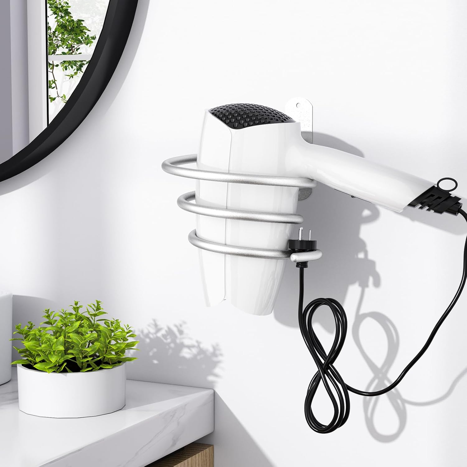 Tindbea Hair Dryer Holder, Silver Color Blow Dryer Holder Wall Mount, Bathroom Hair Tool Organizer Rack for Universal Dryer