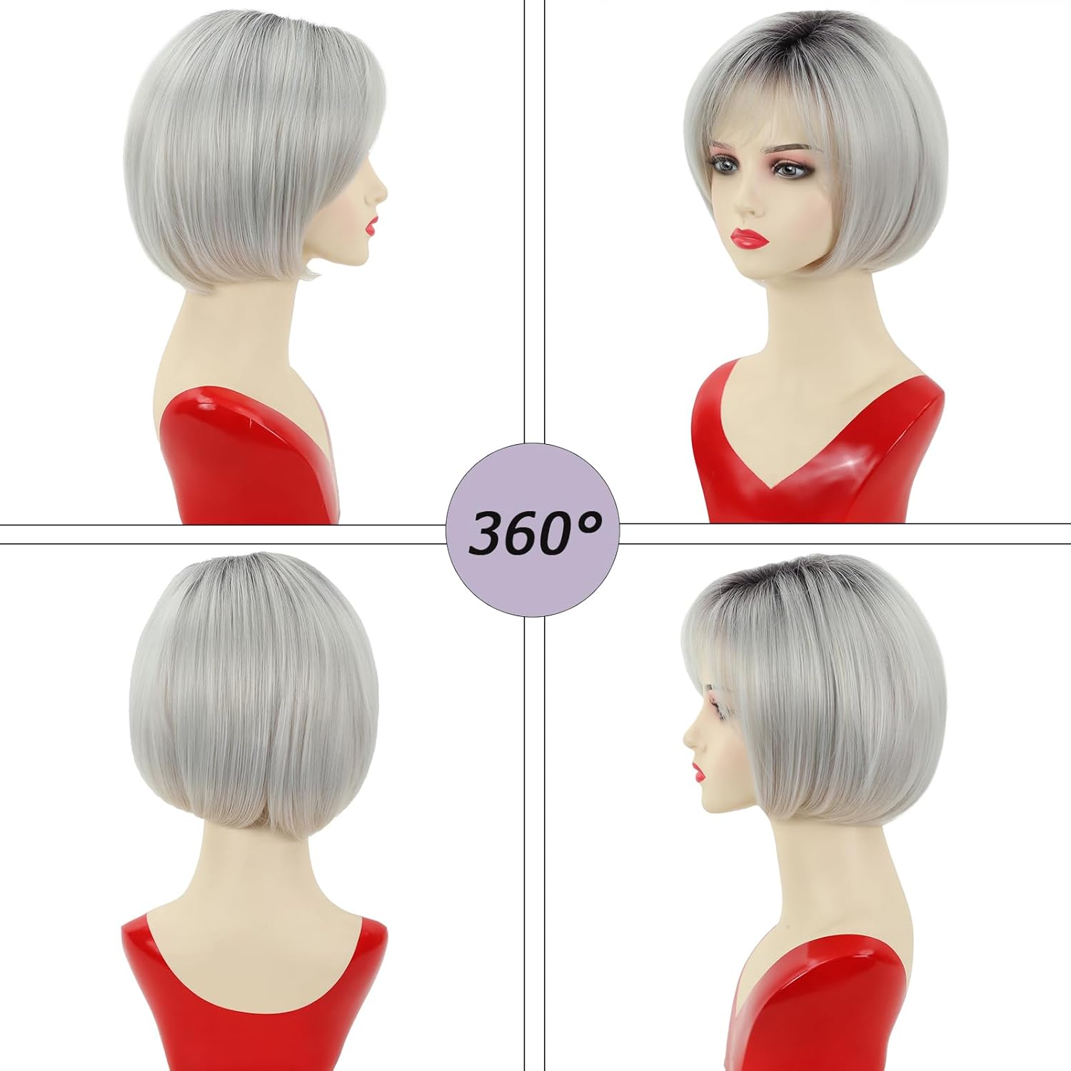 TISHINING Ombre White Blonde Short Bob Wig with Bangs for White Women 10 Inch Chin Length Layered Mixed Blonde Straight Bob Wig with Dark Roots Synthetic Natural Looking Daily Party Wig - Image 3
