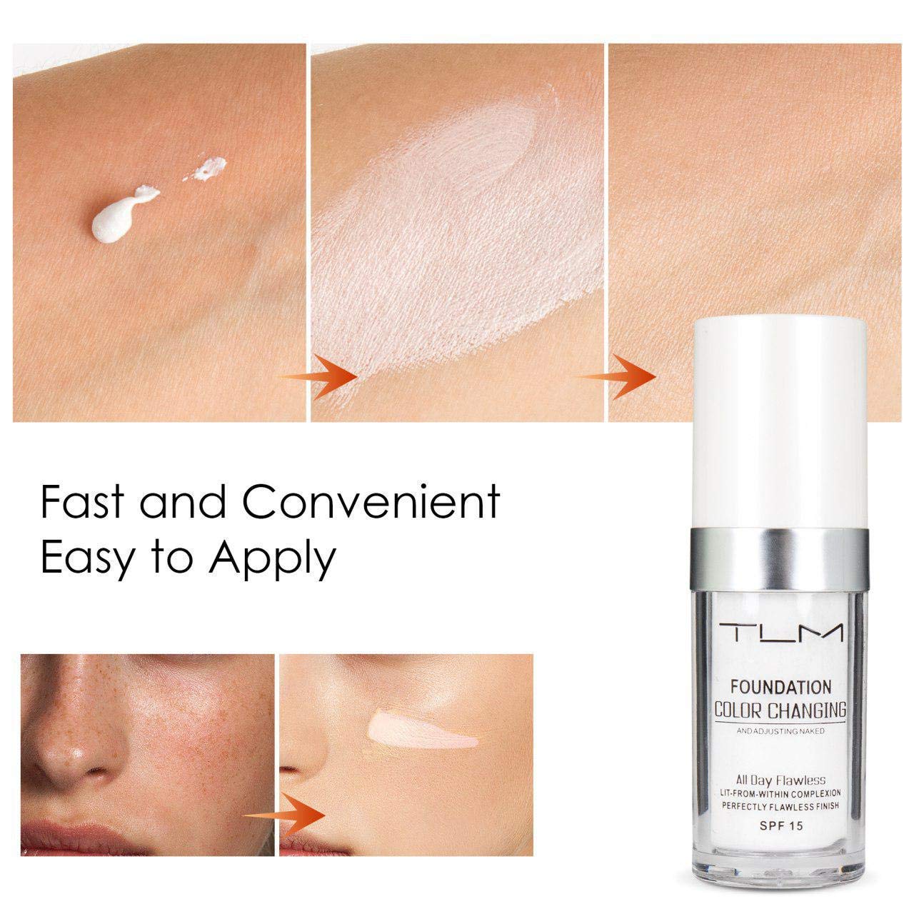 TLM Colour Changing Liquid Foundation Hides Wrinkles & Lines, BB Cream Makeup Base Concealer Cover Moisturizing Fluid for all Skin Tone SPF15, Pack of 1 - Image 3