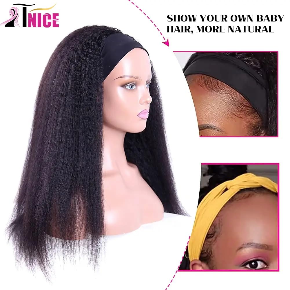 TNICE Kinky Straight Headband Wig Human Hair 18 Inch Headband Wigs for Black Women Glueless None Lace Front Yaki Straight Human Hair Headband Wig Brazilian Virgin Hair Wigs Natural Black 180% Density - Image 4