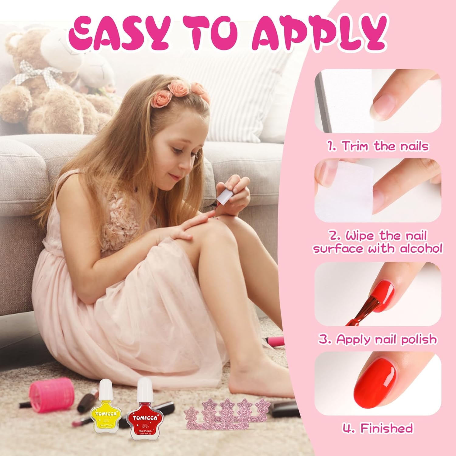 TOMICCA Kids Nail Polish - Quick Dry Non-Toxic Nail Polish Set 10 Colors, Peel Off Water Based Rainbow Nail Polish, Kids Natural Safe Nail Polish for Toddler Teen DIY Nail Art - Image 5
