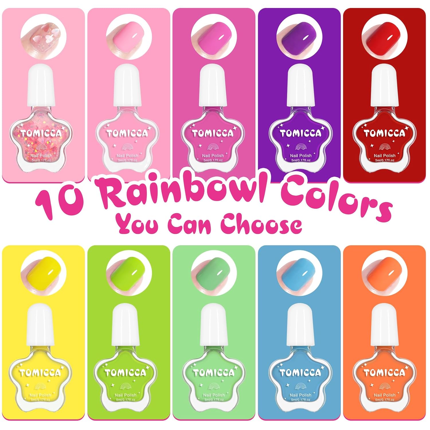 TOMICCA Kids Nail Polish - Quick Dry Non-Toxic Nail Polish Set 10 Colors, Peel Off Water Based Rainbow Nail Polish, Kids Natural Safe Nail Polish for Toddler Teen DIY Nail Art - Image 2