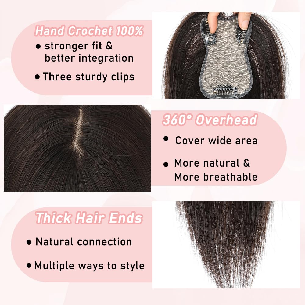 Toppers for Women Real Human Hair, 3D Human Hair Toppers for Women with Thinning Hair 165% Density Middle Part Clip in Bangs Toppers Hair Pieces (Dark Brown, Wispy Bangs) - Image 3